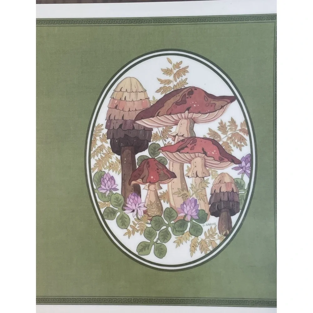 Vintage 70s MCM Mushroom Placemats Set 12 Green Reversible Retro Cottagecore
